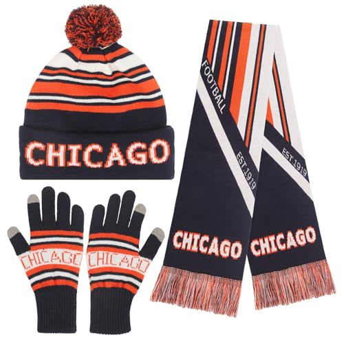 3 Set Winter Fashion Beanie Hat Knit with Warm Gloves and Scarf for Football Baseball Fans (Navy-Chicago)