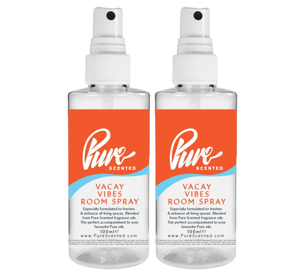 "Pure Scented 200ml Room & Fabric Sprays 2 x 100ml Suitable For Home, Car, Caravan, Work, Gym Bags, Odour Eliminators (2 x 100ml, Vacay Vibes)"
