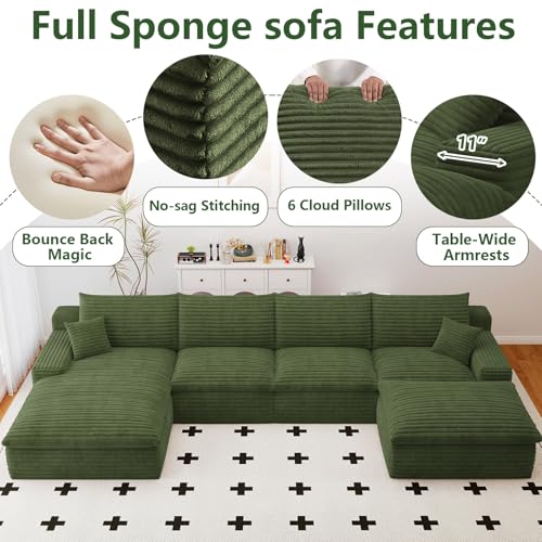 Image of 136 inch Cloud Couch Modular Sectional Sofa for Living Room, U-Shape Boneless Couch with Deep Seat, Modern Corduroy 4-Seater with Ottoman, No Assembly Required (Green,Left-Facing Chaise)