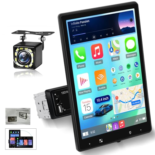 Image of Vertical Single Din Car Stereo, 10.4 Inch Rotatable Touch Screen Radio with Wireless Carplay & Android Auto, Support Backup Cam /GPS /Bluetooth /FM /RDS /Mirror Link /SWC /EQ