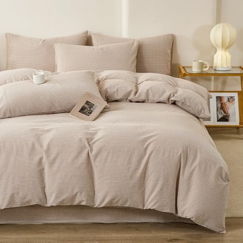 Image of VM VOUGEMARKET Tan Paid Duvet Cover Queen 100% Washed Cotton Like Linen Bedding Set Soft Breathable 3 Piece Mini Gingham Checkered Comforter Cover Set (Queen 90 inchx90 inch, Comforter Not Included)