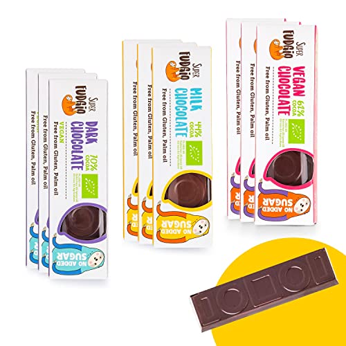 SUPER FUDGiO Organic Schokoriegel Set | BIO und zuckerfreie Süssigkeiten | Vegan - Glutenfrei | Schokolade Snack ohne Zucker| 9-er Set Cover