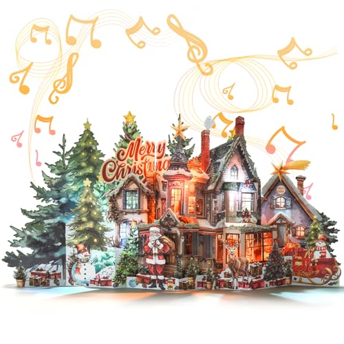 Carte de vœux musicale pour amis et famille, décor de villa de Noël 3D lumineuse