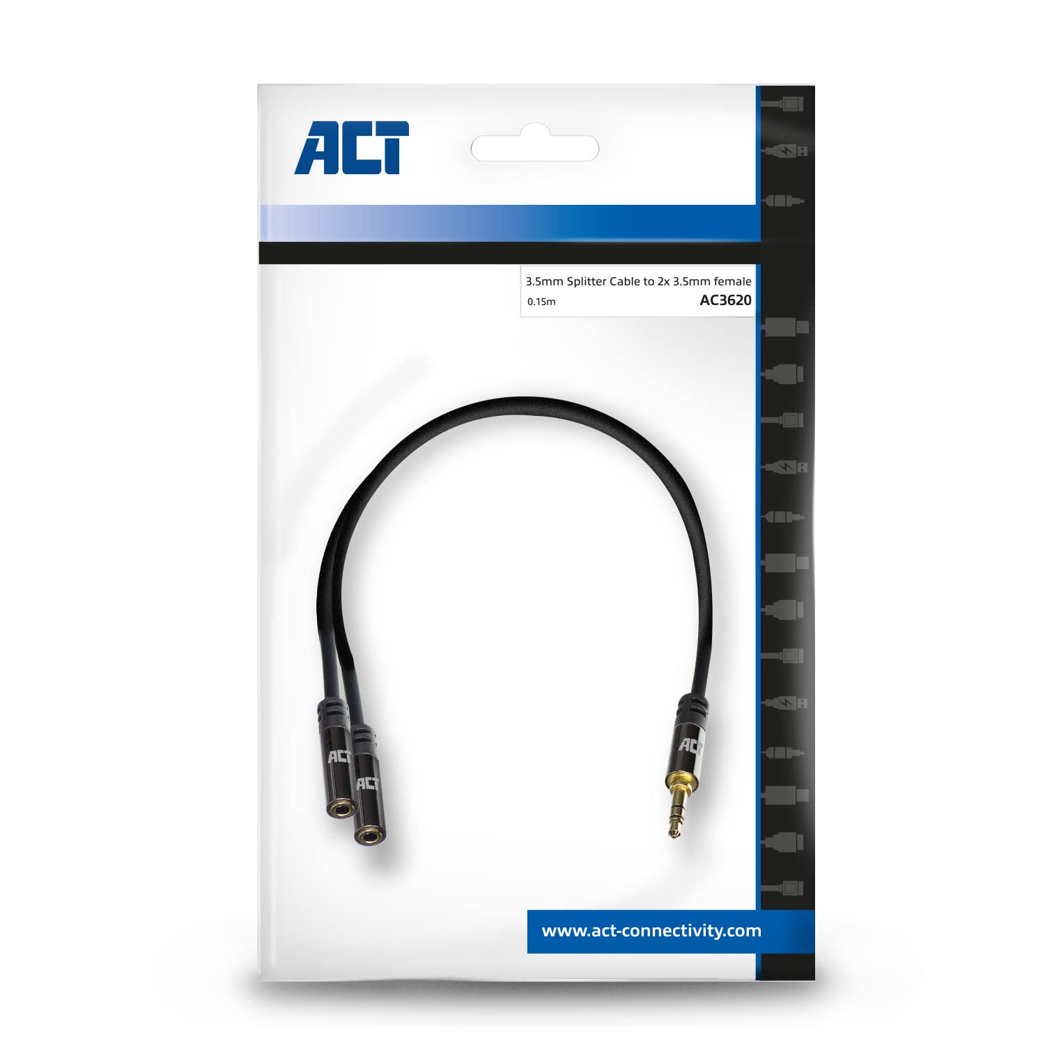ACT Câble répartiteur audio de haute qualité avec prise jack mâle 3,5 mm vers 2 prises femelles AC3620 0,15 m