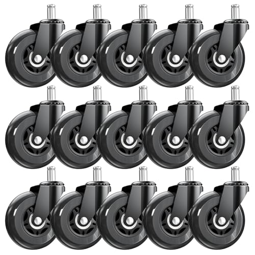 Image of 3 Inch Office Chair Wheels, Set of 15 (Black) | Heavy Duty Replacement Casters for Hardwood Floor & Carpet, Smooth Quiet Roll, Universal 11mm Stem, Non-Marking PU Wheels