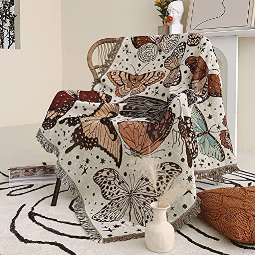 Tiowik Butterflies Throw Woven Blanket With Tassel For Home Decoration Chair Couch Sofa Bed Beach Travel Picnic Cloth Tapestry Shawl Cozy Cotton (White 63×51 Inches) #TOP2
