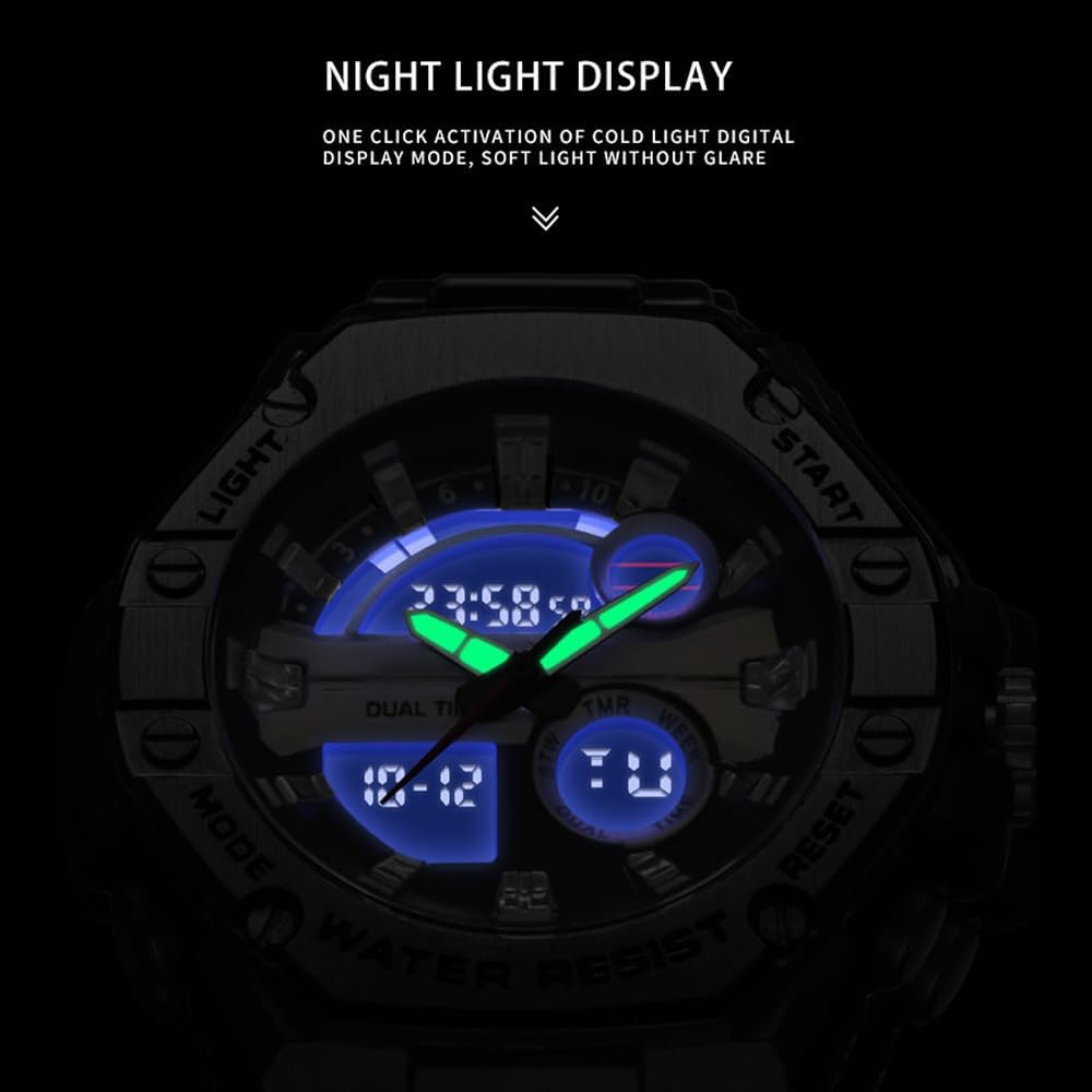 findtime Montre de sport militaire pour homme - Montre numérique étanche - Bracelet en acier inoxydable - Montre robuste avec rétroéclairage LED - Alarme et chronomètre