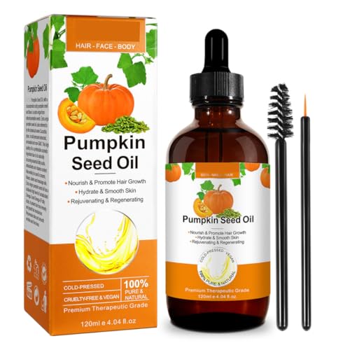 Pumpkin Seed Oil for Hair Growth 120ml Big Size 100% Organic Cold-Pressed & Vegan Thickens Hair Nourishes Scalp Strengthens Roots Natural Hair Oil with Applicator Kit (Dropper Brush Eyeliner)
