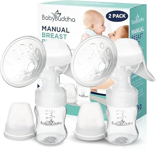 BabyBuddha Manual Breast Pump, Single Hand Expression Breastmilk Pump, Cordless and Portable, No Batteries or Power Needed, Soft Silicone Massage Cushion, BPA Free, Quiet, Dishwasher Safe, 2 Pack