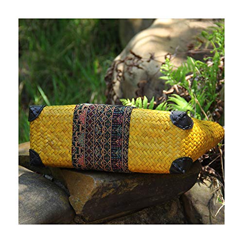 Women Summer Retro Straw Bag with Printing Pattern Hand-woven Beach Handbag Top Round Handle Boho Tote Bag Shopping Travel Large Bag (Yellow 2)4