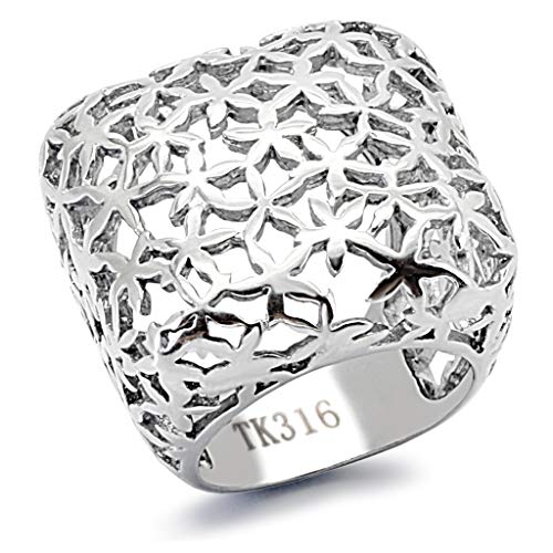 Eternal Sparkles Women's Stainless Steel High-Polished Square Floral Cutout Cocktail Ring
