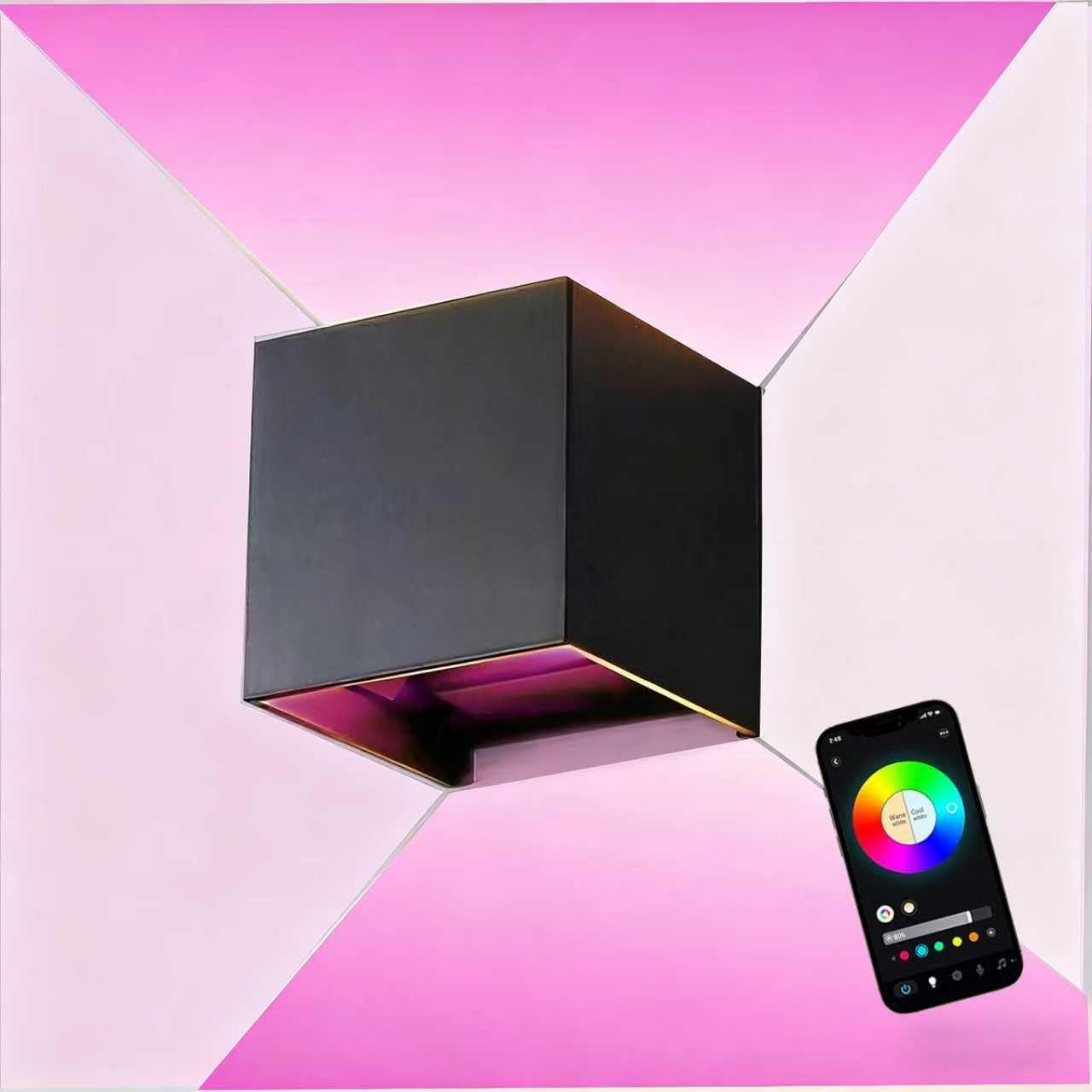 Wrasse RGB Outdoor Wall Sconce Lighting Color Changing Porch Wall Lights RGBW Modern Cube Light 120V Black Up Down Mounted Exterior Wall Sconces Fixtures for House Outside Front Door