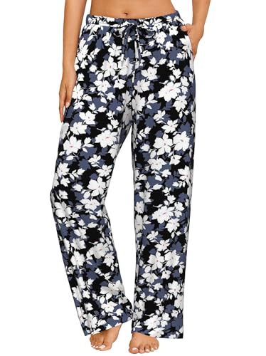 Image of FLYCURVY Plus Size Women Pajama Pants Soft Long Sleep Lounge Pants Drawstring Star Floral Printed with Pocket L-5XL