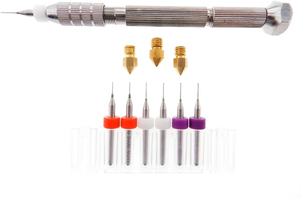 3D Printer Clogged Extruder Nozzle Print Head Kit .3mm .4mm .5mm bits + Pin-Vise BIT HOLDING TOOL + (1 each) Nozzles .3mm .4mm .5mm MK7 MK8 Makerbot RepRap Felix 1.75mm filament ABS PLA