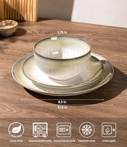 Image of LERATIO Ceramic Dinnerware Sets for 4,Reactive Glaze Plates and Bowls Set with Mugs, Dishwasher,Microwave & Oven Safe Dishes set-Sage Ivory