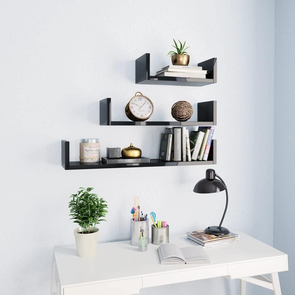 Wall Display Shelf 3 pcs,Book Shelve,Plant Shelve,Camera Shelve,Kitchen Shelves,Modern Shelves,Wall Decor,for Home,Office,Bedroom,Bathroom,Kitchen or Games Room,High Gloss Black Engineered Wood
