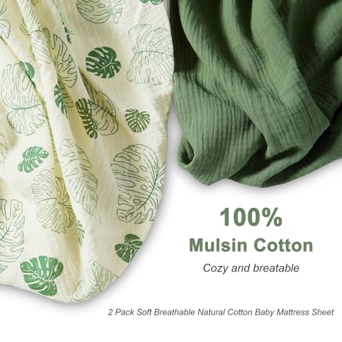 Image of Muslin Crib Sheets for Girl Boy, 2 Pack 100% Cotton Crib Sheet for Standard Crib Mattress(28 inchx 52 inch), Fitted and Soft Breathable Crib Mattress Sheet, 360 Wrapping (Monstera & Dark Green)