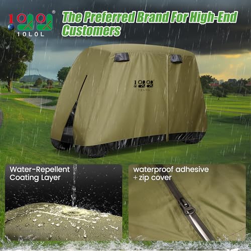 Image of 10L0L Golf Cart Cover 2 /4 /4+2 Passenger for Yamaha EZGO Club Car, Heavy Duty 420D Waterproof Windproof Durable Oxford Golf Cart Cover with 3 Zipper Doors for All-Weather Protection - Army Green
