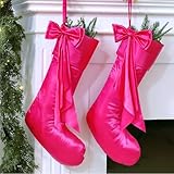 Seematn 2 Pcs 18' Large Deluxe Satin Hot Pink Christmas Stocking with Ribbon Bow Xmas Silk Hanging Stockings for Christmas Tree Fireplace Family Holiday Decor