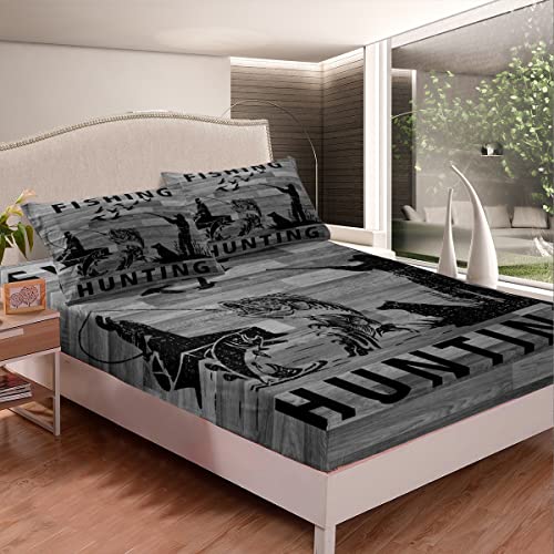 Fishing Hunting Bed Sheet Set Bass Fish Mallard Duck Sheets Set For Women Men Bedroom Wild Rustic Cabin Decor Bedding Set Gray Bed Set With Deep Pocket Fitted Sheet Twin Size With 1 Pillow Case #TOP2