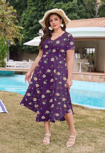 Image of Keluummi Plus Size Maxi Dress for Women V-Neck Short Sleeve with Pockets