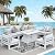 NICESOUL® 7 Pieces Extra Large Aluminum Patio Furniture Set with Fire Pit Table 43" Propane Natural Gas Convertable, 29'' Depth Outdoor Luxury Conversation Sofa Set with Firepit White Gray Color