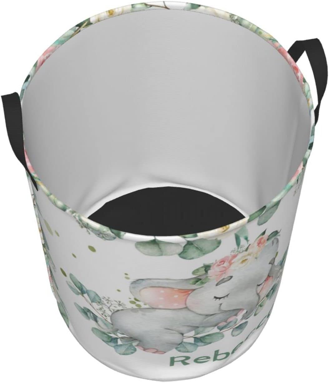Pink Floral Elephant Personalized Laundry Basket Name Clothes Hamper with Handles Waterproof Laundry Storage Baskets for Bedroom Bathroom Decor.