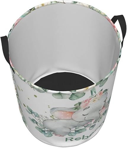 Miniatura 2 de Cesta de ropa con nombre personalizado de elefante floral rosa con asas, impermeable, para decoración de dormitorio y baño.
