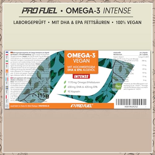 Omega-3 vegan INTENSE - 90 Kapseln - 2000 mg Algenöl pro Tag - hochdosiert mit 630mg DHA + 420 mg EPA - vegane Omega-3 Algenöl Kapseln - DHA:EPA Verhältnis 3:2 - laborgeprüft mit Analyse-Zertifikat