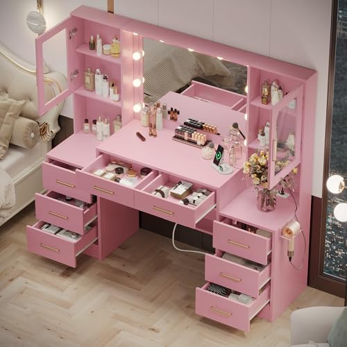 Image of 58.3 inch Makeup Vanity Desk with Charging Station, Pink Makeup Dressing Table with Mirror & Lights, 3 Lighting Modes Adjustable Brightness, Vanity Table with Power Outlet & 8 Drawers for Bedroom