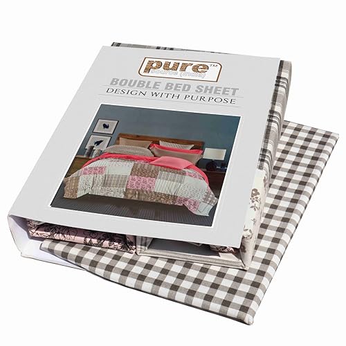 Image of Pure Source India Pure Cotton Elegance Bedding Set, Dreamy Cotton Comfort Double Bed Sheet with Pillow Covers (Black Check Pink Flora)