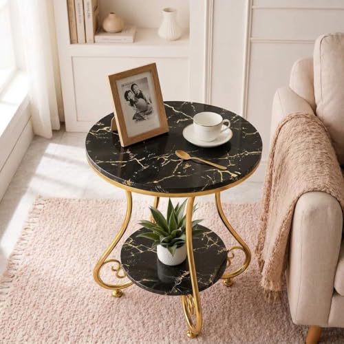 Image of CARTADEN 2 Tier End Table in Living Room, Industrial Style Round Bedside Table with Storage, Small Outdoor Coffee Table for Bedroom Balcony Patio Gold Black