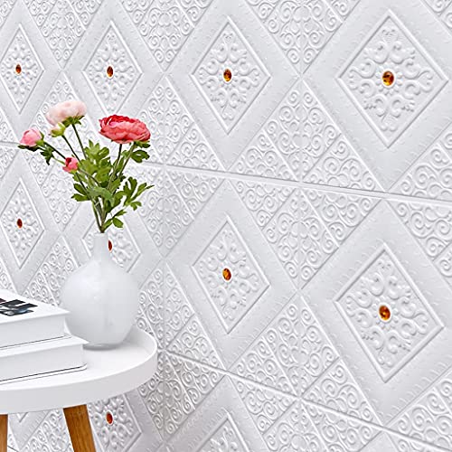 Wyzdq 3D Foam Wall Panels [10 Pieces], Soft Thick Waterproof Wall Stickers, ​Self-Adhesive Ceiling Panel Wallpaper For Kid Room Office Tv Wall Living Room, 70X70 Cm,White+Pink #TOP7