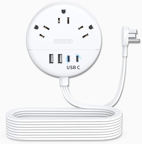NTONPOWER - Cable de extensión plano de 15 pies, regleta de alimentación de enchufe plano con 3 tomas, 4 puertos USB (2 USB C), cable de extensión