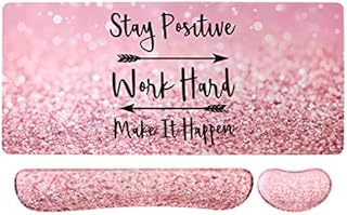 iCasso Mouse Pad Set, Memory Foam Ergonomic Keyboard Mouse Wrist Rest, Extended Desk Pad with Stitched Edges (35.4 x 15.7 inch), Non-Slip Waterproof Mouse Pad for Home Office -Pink Stay Positive