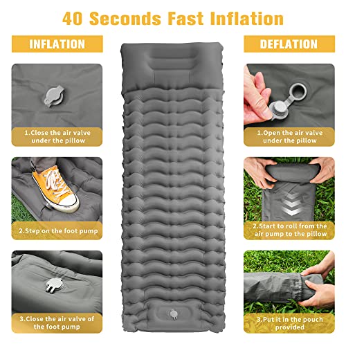 Sturme Sleeping Pad For Camping, 3.9 Inch Extra-Thick Self-Inflating Camping Mattress With Foot Pump, Compact Air Mattress Ultralight Sleeping Mat With Pillow For Backpacking, Hiking, Outdoor -Gray #TOP7