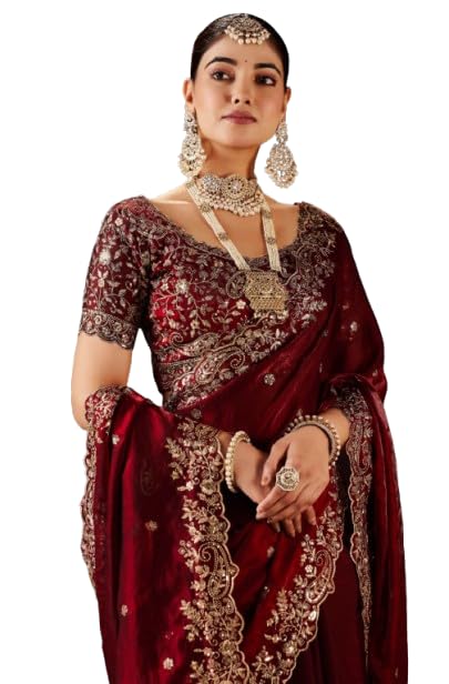 Bad Clothing Women’s Maroon Embroidered Silk Blend Saree with Unstitched Blouse Piece | Heavy Zari Work Bridal Wedding And Party Saree-image-34