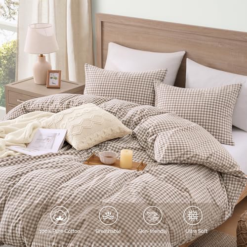 Image of Andency Tan Gingham Duvet Cover Twin, 100% Wash Cotton Linen Like Textured Breathable Comforter Cover Set, 2 Piece Brown Classic Yarn-Dyed Checkered Plaid Bedding Set for Dorm Kids Teens, 66 inch*90 inch