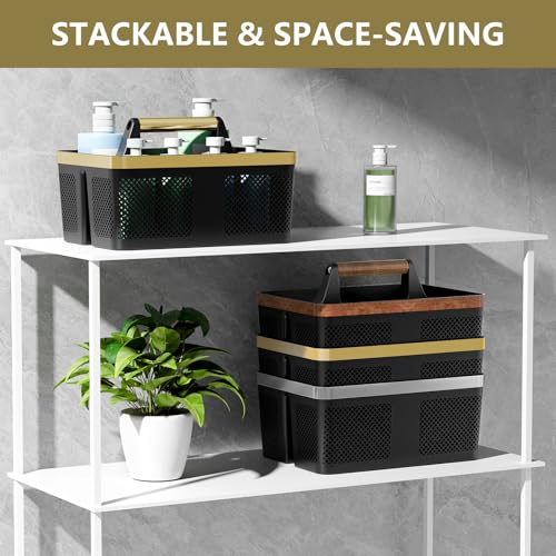 BYUNER Shower Caddy Dorm Men: Plastic Bathroom Caddy Organizer with Handle and Holes, Bath Caddy for College Dorm, Portable Shower Basket Tote for Toiletry, Travel, GYM, Camp Essentials Black/Gold