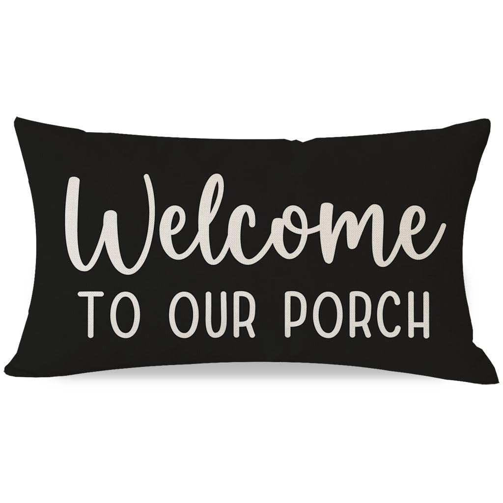 PANDICORN Farmhouse Throw Pillow Covers 12x20 Inch Welcome to Our Porch Black White Outdoor Spring Summer Patio Decorations Lumbar Decorative Cushion