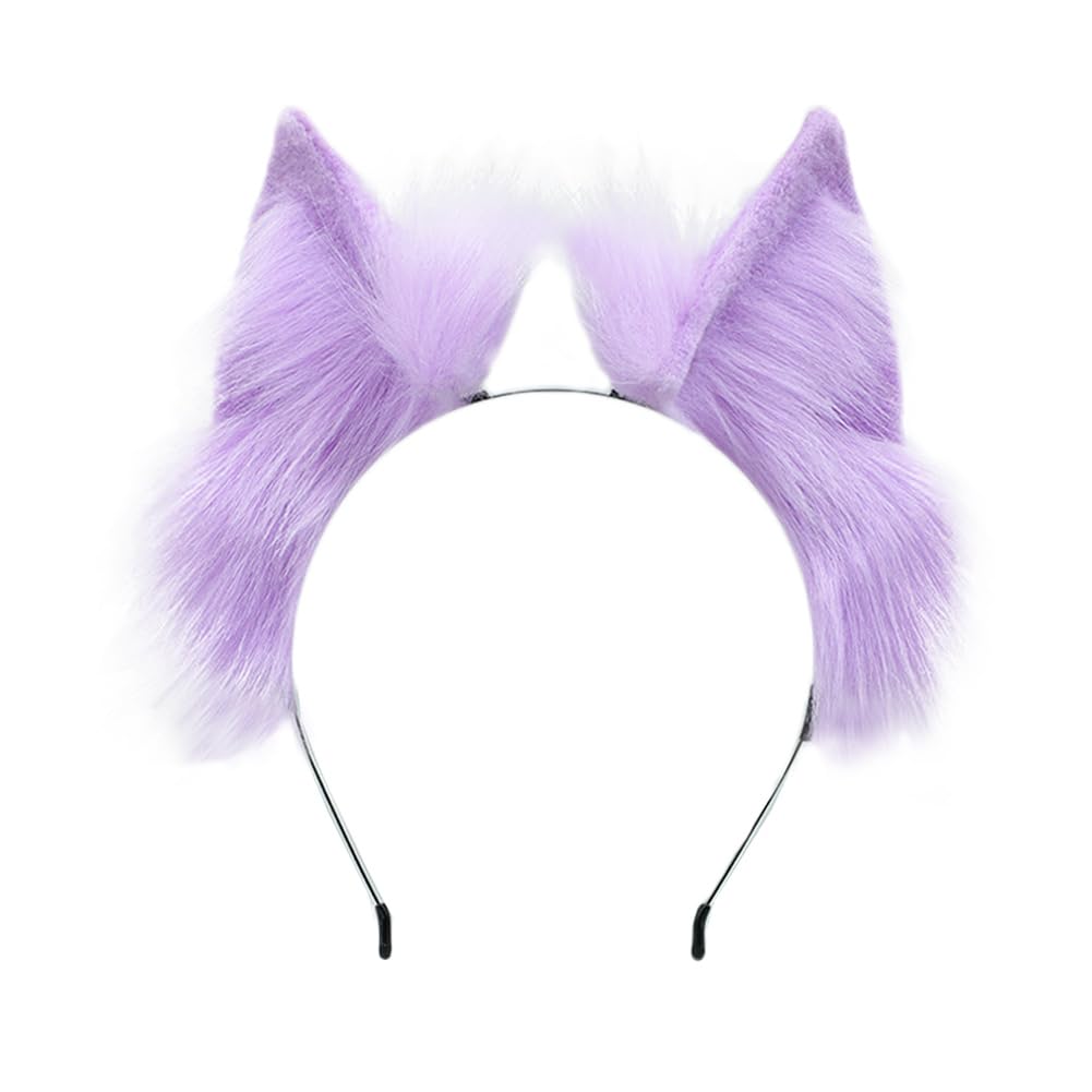 ILUFAM Furry Fox Wolf Cat Ears Headband Faux Fur Animal Ears Cosplay Party Costume Accessories Headwear (Purple)