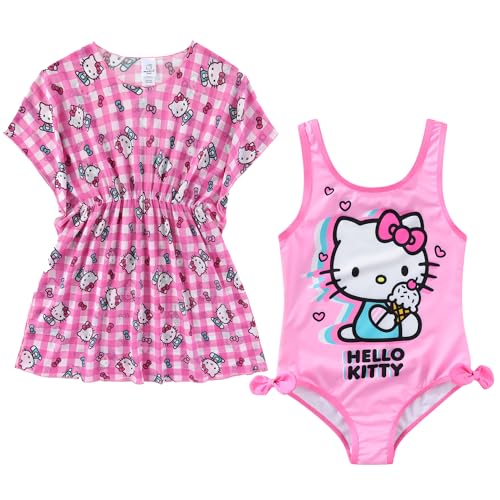 Hello Kitty Sanrio Girls UPF 50+ One Piece Bathing Suit with Mesh Cover-Up 2 Piece Set for Big Kids Pink