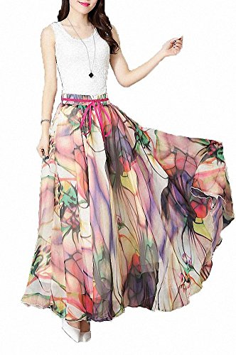 Afibi Women Floral Print Pleated Vintage Chiffon Long Maxi Skirt (Medium, S-3)