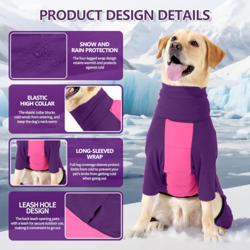 Image of BRKURLEG Full Body Dog Winter Coat Warm Fleece Pullover Pajamas, Four Legs Covered Windproof Dog Jacket for Small to Large Dogs, Turtleneck Dogs Snowsuit, Pet Cold Weather Clothes, Pink Purple XL