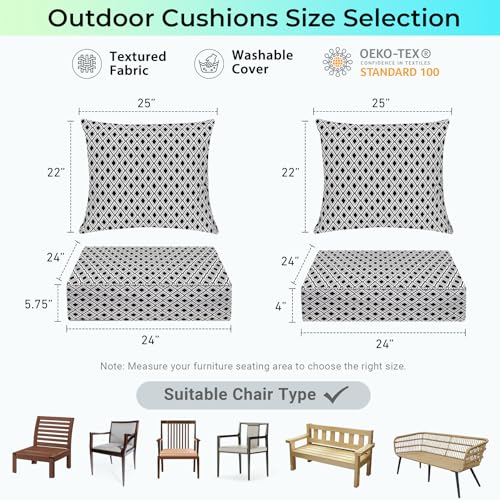 Image of IPYNBAP Outdoor Cushions for Patio Furniture,Outdoor Seat Cushion Set 24 x 24 x 4 Inch,Waterproof & Fade Resistant Outdoor Chair Cushions,Deep Patio Chair Cushion with Removable Cover,Black Geometry