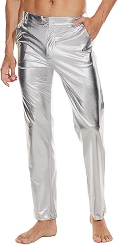 Miniatura 3 de Pantalones de discoteca metálicos brillantes para hombre, pantalones de cuero para fiesta de baile de estilo mojado, pantalones de cuero de los años