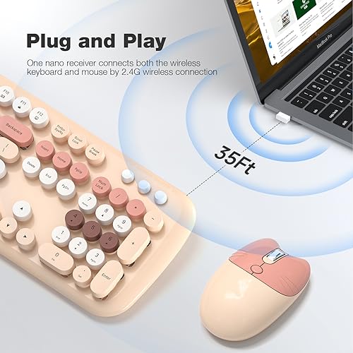 Image of KNOWSQT Wireless Keyboard and Mouse Combo Pale MilkTea - Colorful 104 Key 2.4G Round Keycap Typewriter Keyboards, USB Dongle Plug and Play, for Laptop, Windows, PC, Mac, Desktop