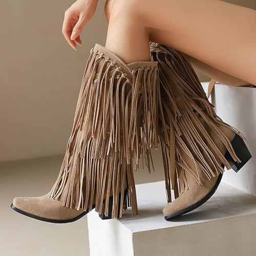 Womens Fringe Western Boots Fashion Square Toe Chunky Low Heel Heel Knee High Cowboy Tassel Boots4