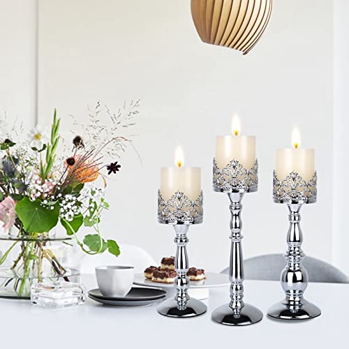 Drelifam DRELIFAM221018S3 Candle Holders For Pillar Candles Set Of 3 Silver Vintage Tall Candle Holders Decorative Large Table Centerpieces Candle Stand Decor thumb #2