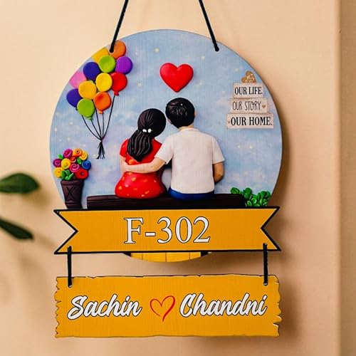 Image of P Arts Personalized Family Name Plate with 3D Illusion UV Print | Customized Wooden MDF Name Board for Indoor Home Entrance | Includes Self-Adhesive Sticky Hook for Easy Installation (Couple Only)